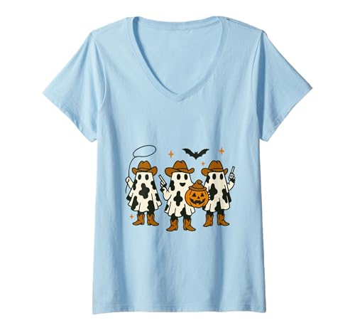 Damen Cowboy Ghost Halloween Ghoul Design Lustiges Cowgirl Cowboy T-Shirt mit V-Ausschnitt von Funny Retro Halloween Cowgirl Cowboy Ghost Western