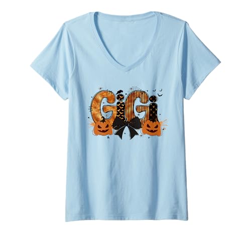 Damen Retro Gigi Kürbis Halloween Kokette Gruseliges Gigi Halloween T-Shirt mit V-Ausschnitt Damen Retro Gigi Kürbis Halloween Kokette Gruseliges Gigi Halloween T-Shirt mit V-Ausschnitt von Funny Retro Halloween Spooky Season