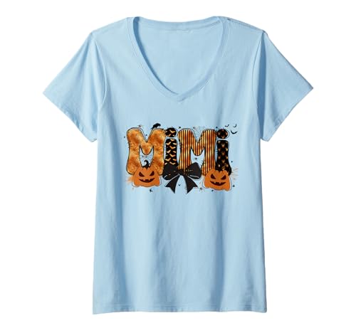 Damen Retro Mimi Kürbis Halloween Kokette Gruselige Mimi Halloween T-Shirt mit V-Ausschnitt Damen Retro Mimi Kürbis Halloween Kokette Gruselige Mimi Halloween T-Shirt mit V-Ausschnitt von Funny Retro Halloween Spooky Season