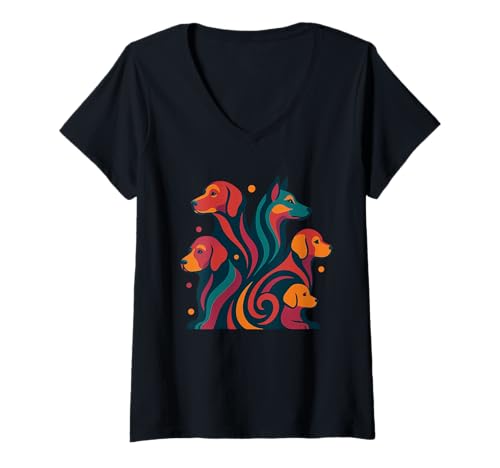 Damen Vintage Hunde Shirt Mid-Century Modern Stil 50er 60er T-Shirt mit V-Ausschnitt Damen Vintage Hunde Shirt Mid-Century Modern Stil 50er 60er T-Shirt mit V-Ausschnitt von Funny Retro Mid-Century Dog Lover Shirt Boutique