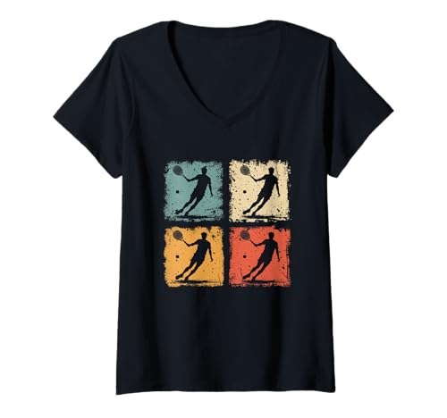 Damen Vintage Tennisspieler in Aktion Damen Herren Tennis T-Shirt mit V-Ausschnitt Damen Vintage Tennisspieler in Aktion Damen Herren Tennis T-Shirt mit V-Ausschnitt von Funny Retro Tennis Player Men Women Kids