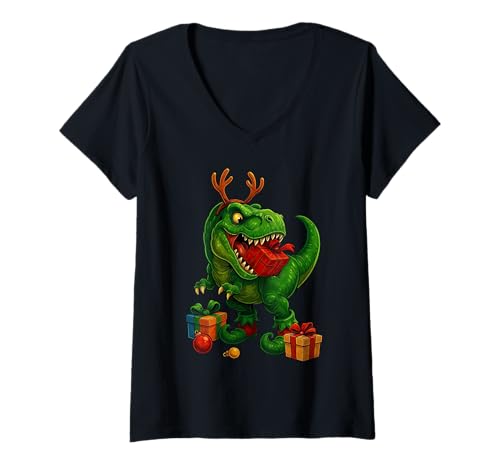 Damen Niedlicher Weihnachts-T-Rex-Elfen-Dinosaurier, lustiges Weihnachten T-Shirt mit V-Ausschnitt Damen Niedlicher Weihnachts-T-Rex-Elfen-Dinosaurier, lustiges Weihnachten T-Shirt mit V-Ausschnitt von Funny Rex Dinosaur Christmas Dino Design