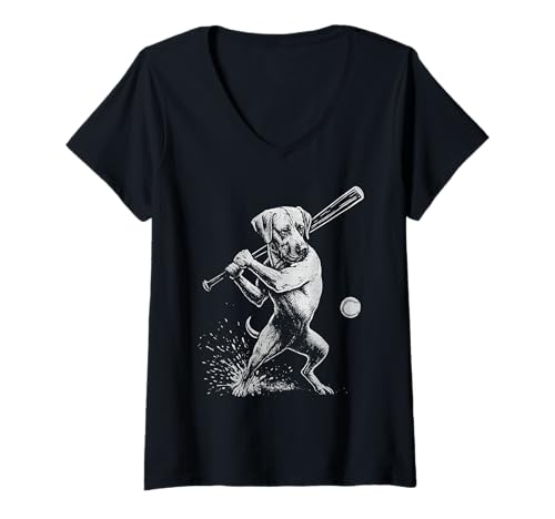 Damen Rhodesian Ridgeback Baseball Sport Hundeliebhaber T-Shirt mit V-Ausschnitt Damen Rhodesian Ridgeback Baseball Sport Hundeliebhaber T-Shirt mit V-Ausschnitt von Funny Rhodesian Baseball Player Dog Designs