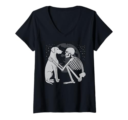 Damen Rhodesian Ridgeback Skelett Mond Halloween Hundeliebhaber T-Shirt mit V-Ausschnitt Damen Rhodesian Ridgeback Skelett Mond Halloween Hundeliebhaber T-Shirt mit V-Ausschnitt von Funny Rhodesian Gothic Dog Designs