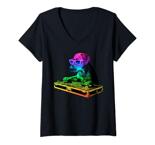 Damen Rhodesian Ridgeback DJ Musik Party Hundeliebhaber T-Shirt mit V-Ausschnitt Damen Rhodesian Ridgeback DJ Musik Party Hundeliebhaber T-Shirt mit V-Ausschnitt von Funny Rhodesian House Music Dog Designs