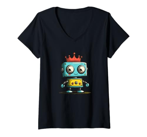 Damen Hübscher Roboter mit Krone und Spaß T-Shirt mit V-Ausschnitt Damen Hübscher Roboter mit Krone und Spaß T-Shirt mit V-Ausschnitt von Funny Robot King