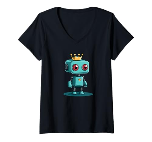 Damen Witty Robot mit Royal Ambitions Outfit T-Shirt mit V-Ausschnitt von Funny Robot King