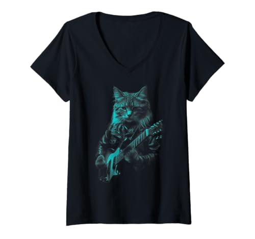 Damen Rock Cat spielt Gitarre Lustige Katze Rockstar Gitarre T-Shirt mit V-Ausschnitt von Funny Rock Cat Playing Guitar