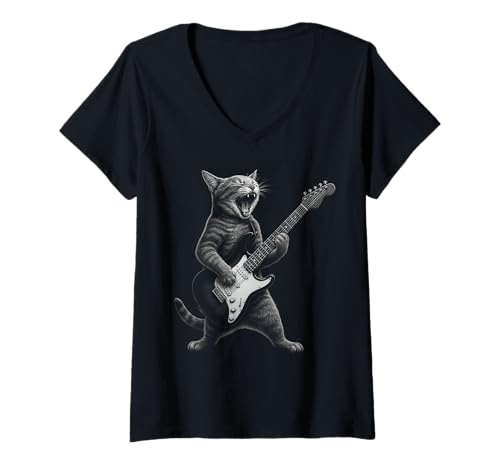 Damen Katze spielt Gitarre, Rockstar, Katzenshirt für Herren, Damen, Kinder T-Shirt mit V-Ausschnitt Damen Katze spielt Gitarre, Rockstar, Katzenshirt für Herren, Damen, Kinder T-Shirt mit V-Ausschnitt von Funny Rock Cat Tee Game Up