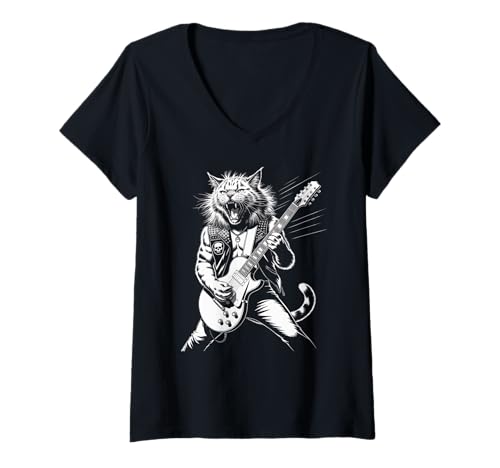 Damen Rockkatze mit Gitarre, Rockmusik, Rocker, Gitarrist T-Shirt mit V-Ausschnitt Damen Rockkatze mit Gitarre, Rockmusik, Rocker, Gitarrist T-Shirt mit V-Ausschnitt von Funny Rock Festival Outfits & Gifts F. Men & Women