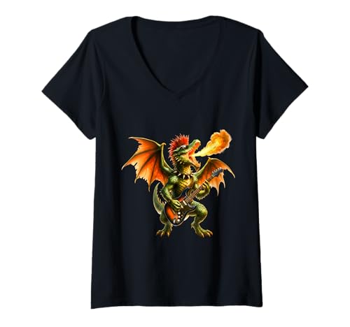Damen Punk Rock Dragon, Gitarrenband, Liebhaber von Rock'n'Roll-Musik T-Shirt mit V-Ausschnitt von Funny Rock Music Dragon Band Playing Guitar Gifts