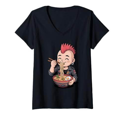 Damen Punk Rock Eating Ramen Japanische Kawaii Anime Nudeln T-Shirt mit V-Ausschnitt Damen Punk Rock Eating Ramen Japanische Kawaii Anime Nudeln T-Shirt mit V-Ausschnitt von Funny Rock Music & Ramen Lover Apparel