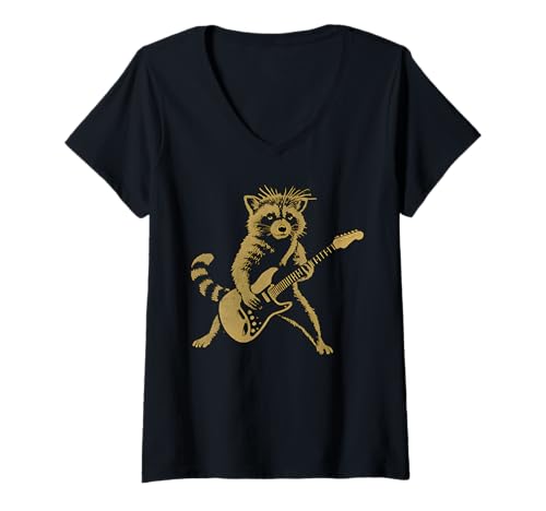 Damen Waschbär spielt Gitarre Rock Star and Roll Männer Frauen Kinder T-Shirt mit V-Ausschnitt Damen Waschbär spielt Gitarre Rock Star and Roll Männer Frauen Kinder T-Shirt mit V-Ausschnitt von Funny Rock Rocking Raccoon Playing Guitar Apparel