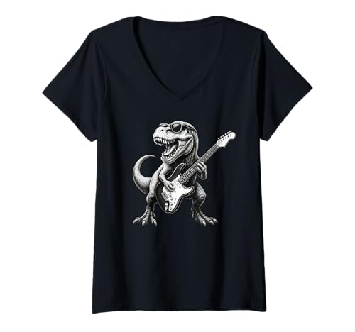 Damen Dinosaurier spielt Gitarre Rock and Roll, Punk Rock Music Band T-Shirt mit V-Ausschnitt Damen Dinosaurier spielt Gitarre Rock and Roll, Punk Rock Music Band T-Shirt mit V-Ausschnitt von Funny Rock Star Guitarist Gifts For Men Women Kids