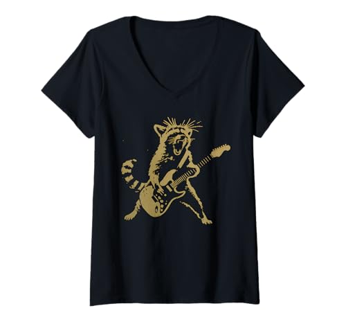 Damen Waschbär spielt Gitarre Rockstar Rock 'n' Roll Herren Damen T-Shirt mit V-Ausschnitt Damen Waschbär spielt Gitarre Rockstar Rock 'n' Roll Herren Damen T-Shirt mit V-Ausschnitt von Funny Rocking Raccoon Playing Guitar Apparel