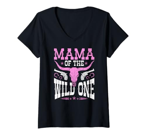 Damen Mama of The Wild One Cowgirl im Western Rodeo Country T-Shirt mit V-Ausschnitt Damen Mama of The Wild One Cowgirl im Western Rodeo Country T-Shirt mit V-Ausschnitt von Funny Rodeo Mama Western Cowboy Life Apparel