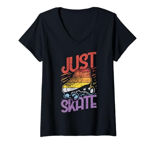 Damen Just Skate Lustiges Vintage-Rollschuhlaufen T-Shirt mit V-Ausschnitt von Funny Roller Skater Gifts