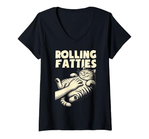 Damen Rolling Fatties Lustiger Katzenliebhaber Kitty Kätzchen Retro Katzenbesitzer T-Shirt mit V-Ausschnitt Damen Rolling Fatties Lustiger Katzenliebhaber Kitty Kätzchen Retro Katzenbesitzer T-Shirt mit V-Ausschnitt von Funny Rolling Fatties Cat Lady Gifts Men Women