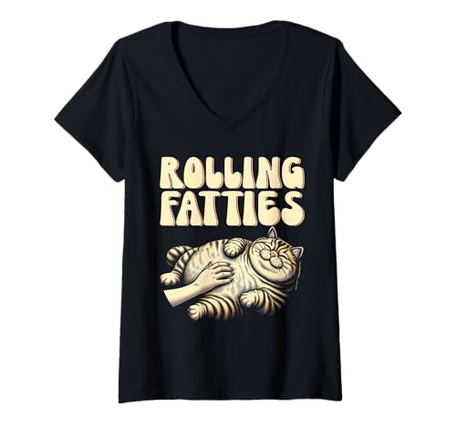 Damen Rolling Fatties Lustiger Katzenliebhaber Kitty Kätzchen Retro Katzenbesitzer T-Shirt mit V-Ausschnitt Damen Rolling Fatties Lustiger Katzenliebhaber Kitty Kätzchen Retro Katzenbesitzer T-Shirt mit V-Ausschnitt von Funny Rolling Fatties Cat Lady Gifts Men Women