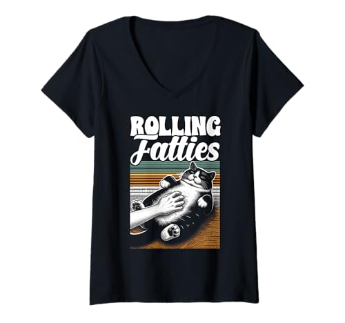 Damen Rolling Fatties Lustiger Katzenliebhaber Kitty Kätzchen Retro Katzenbesitzer T-Shirt mit V-Ausschnitt Damen Rolling Fatties Lustiger Katzenliebhaber Kitty Kätzchen Retro Katzenbesitzer T-Shirt mit V-Ausschnitt von Funny Rolling Fatties Cat Lady Gifts Men Women