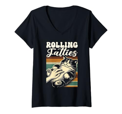 Damen Rolling Fatties Lustiger Katzenliebhaber Retro Kitty Kätzchen Katzenbesitzer T-Shirt mit V-Ausschnitt Damen Rolling Fatties Lustiger Katzenliebhaber Retro Kitty Kätzchen Katzenbesitzer T-Shirt mit V-Ausschnitt von Funny Rolling Fatties Cat Lady Gifts Men Women