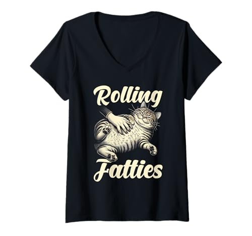 Damen Rolling Fatties Lustiger Katzenliebhaber Retro Kitty Kätzchen Katzenbesitzer T-Shirt mit V-Ausschnitt Damen Rolling Fatties Lustiger Katzenliebhaber Retro Kitty Kätzchen Katzenbesitzer T-Shirt mit V-Ausschnitt von Funny Rolling Fatties Cat Lady Gifts Men Women