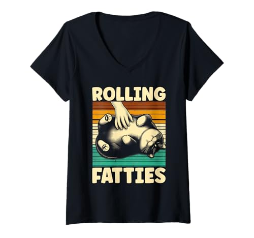 Damen Rolling Fatties Lustiger Katzenliebhaber Retro Kitty Kätzchen Katzenbesitzer T-Shirt mit V-Ausschnitt Damen Rolling Fatties Lustiger Katzenliebhaber Retro Kitty Kätzchen Katzenbesitzer T-Shirt mit V-Ausschnitt von Funny Rolling Fatties Cat Lady Gifts Men Women