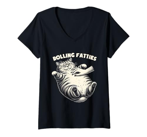 Damen Rolling Fatties Lustiger Katzenliebhaber Retro Kitty Kätzchen Katzenbesitzer T-Shirt mit V-Ausschnitt Damen Rolling Fatties Lustiger Katzenliebhaber Retro Kitty Kätzchen Katzenbesitzer T-Shirt mit V-Ausschnitt von Funny Rolling Fatties Cat Lady Gifts Men Women