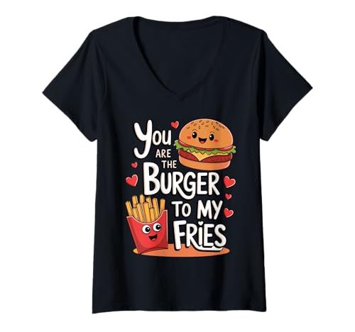 Damen Süßes Essensdesign „You Are The Burger to My Fries“ T-Shirt mit V-Ausschnitt Damen Süßes Essensdesign „You Are The Burger to My Fries“ T-Shirt mit V-Ausschnitt von Funny Romantic Food Puns for Couples Fast Food Fan