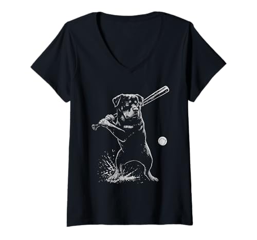 Damen Rottweiler Baseball Sport Hundeliebhaber T-Shirt mit V-Ausschnitt Damen Rottweiler Baseball Sport Hundeliebhaber T-Shirt mit V-Ausschnitt von Funny Rottie Baseball Player Dog Designs
