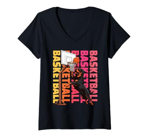 Damen Rottweiler Basketball Sport Hundeliebhaber T-Shirt mit V-Ausschnitt Damen Rottweiler Basketball Sport Hundeliebhaber T-Shirt mit V-Ausschnitt von Funny Rottie Basketball Player Dog Designs