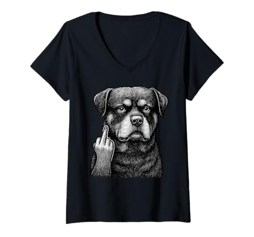 Damen Rottweiler Mittelfinger sarkastischer Hundeliebhaber T-Shirt mit V-Ausschnitt Damen Rottweiler Mittelfinger sarkastischer Hundeliebhaber T-Shirt mit V-Ausschnitt von Funny Rottie Flipping Off Dog Designs