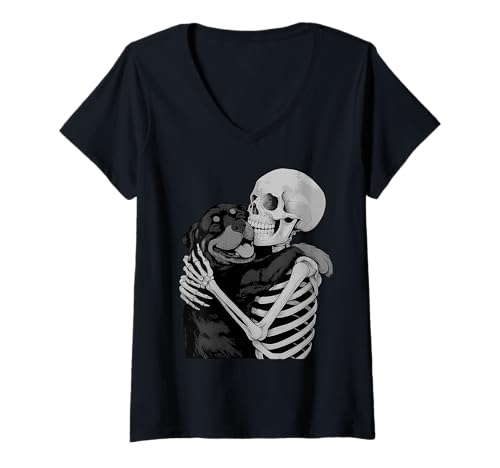 Damen Rottweiler Skelett Umarmung Halloween Hundeliebhaber T-Shirt mit V-Ausschnitt Damen Rottweiler Skelett Umarmung Halloween Hundeliebhaber T-Shirt mit V-Ausschnitt von Funny Rottie Gothic Dog Designs