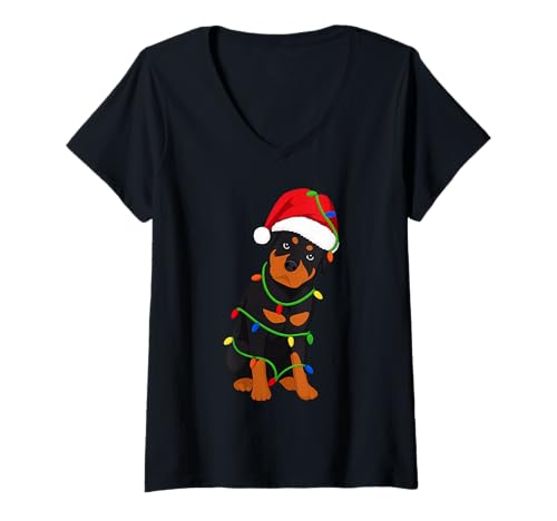 Damen Rottweiler Weihnachtsbaumbeleuchtung Urlaub Hundeliebhaber T-Shirt mit V-Ausschnitt Damen Rottweiler Weihnachtsbaumbeleuchtung Urlaub Hundeliebhaber T-Shirt mit V-Ausschnitt von Funny Rottie Xmas Tree Dog Designs