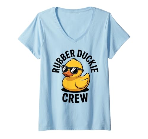Damen Gummiente Crew Boot Ponton Lustige Badeente Sommer T-Shirt mit V-Ausschnitt von Funny Rubber Duck Cute Duck Water Cruise Trip Boat