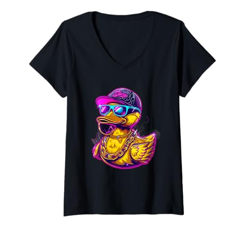 Damen Badeente Hip Hop Fashion Gummiente Gummiente T-Shirt mit V-Ausschnitt Damen Badeente Hip Hop Fashion Gummiente Gummiente T-Shirt mit V-Ausschnitt von Funny Rubber Ducky Rubber Duck Lover