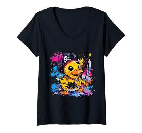 Damen Badeente Pirat Aquarell Gummi Entchen Gummiente T-Shirt mit V-Ausschnitt Damen Badeente Pirat Aquarell Gummi Entchen Gummiente T-Shirt mit V-Ausschnitt von Funny Rubber Ducky Rubber Duck Lover