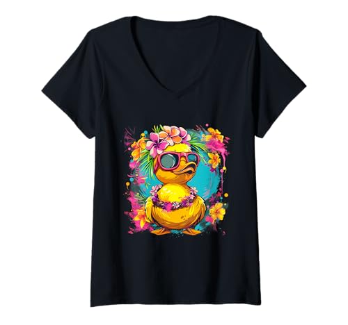 Damen Badeente hawaiianische Gummiente Gummiente Duckie Hawaii T-Shirt mit V-Ausschnitt Damen Badeente hawaiianische Gummiente Gummiente Duckie Hawaii T-Shirt mit V-Ausschnitt von Funny Rubber Ducky Rubber Duck Lover