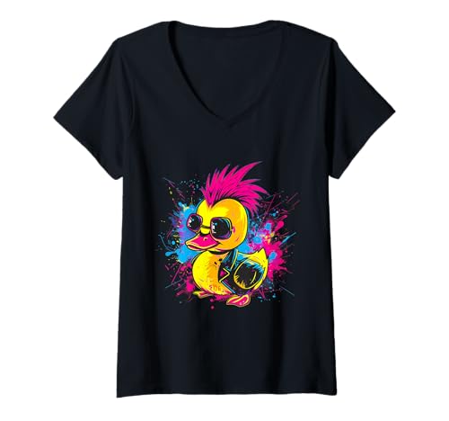 Damen Gummiente Punk Rock Aquarell Gummi Entchen Liebhaber T-Shirt mit V-Ausschnitt Damen Gummiente Punk Rock Aquarell Gummi Entchen Liebhaber T-Shirt mit V-Ausschnitt von Funny Rubber Ducky Rubber Duck Lover