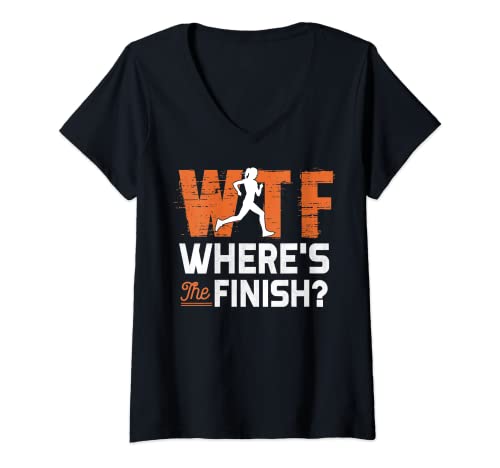 Damen Where's The Finish Line Wtf Shirt Lustiges Laufgeschenk Frauen T-Shirt mit V-Ausschnitt von Funny Running Gifts Shirts