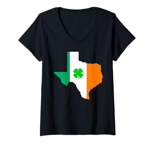 Damen Texas State Map Irish Flag St. Patrick's Day T-Shirt mit V-Ausschnitt von Funny Saint Patrick's Day Apparel
