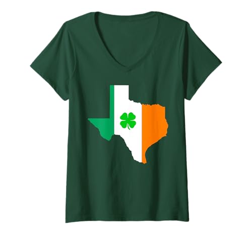 Damen Texas State Map Irish Flag St. Patrick's Day T-Shirt mit V-Ausschnitt von Funny Saint Patrick's Day Apparel