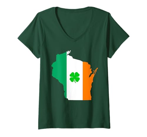 Damen Wisconsin Staatskarte Irische Flagge St. Patrick's Day T-Shirt mit V-Ausschnitt Damen Wisconsin Staatskarte Irische Flagge St. Patrick's Day T-Shirt mit V-Ausschnitt von Funny Saint Patrick's Day Apparel