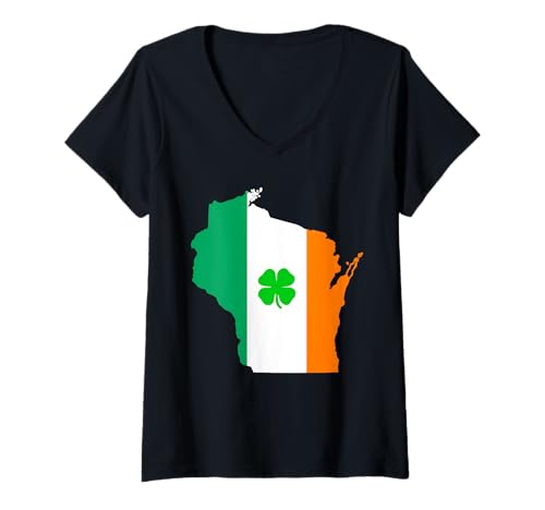 Damen Wisconsin Staatskarte Irische Flagge St. Patrick's Day T-Shirt mit V-Ausschnitt Damen Wisconsin Staatskarte Irische Flagge St. Patrick's Day T-Shirt mit V-Ausschnitt von Funny Saint Patrick's Day Apparel