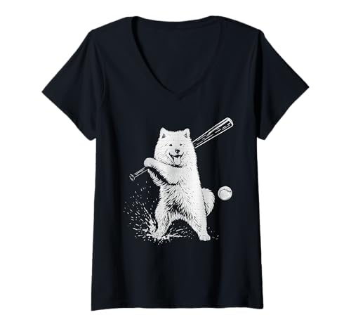 Damen Samoyed Baseball Sport Hundeliebhaber T-Shirt mit V-Ausschnitt Damen Samoyed Baseball Sport Hundeliebhaber T-Shirt mit V-Ausschnitt von Funny Samoyed Baseball Player Dog Designs