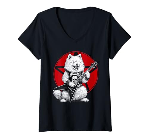 Damen Samoyed Heavy Metal Gitarre Rock Dog Lover T-Shirt mit V-Ausschnitt Damen Samoyed Heavy Metal Gitarre Rock Dog Lover T-Shirt mit V-Ausschnitt von Funny Samoyed Death Metal Music Dog Designs