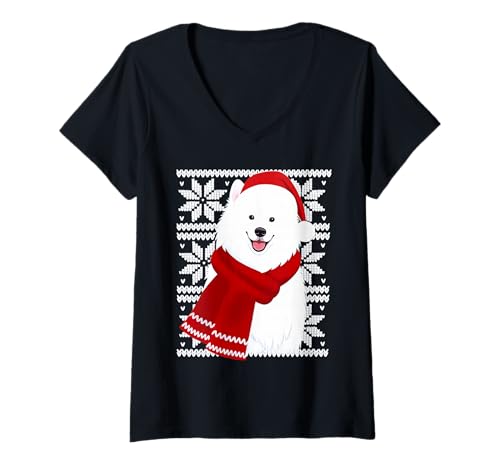 Damen Samojede, hässliche Weihnachtsfeiertage, Hundeliebhaber T-Shirt mit V-Ausschnitt von Funny Samoyed Festive Dog Designs