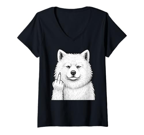 Damen Samoyed Mittelfinger sarkastischer Hundeliebhaber T-Shirt mit V-Ausschnitt Damen Samoyed Mittelfinger sarkastischer Hundeliebhaber T-Shirt mit V-Ausschnitt von Funny Samoyed Flipping Off Dog Designs