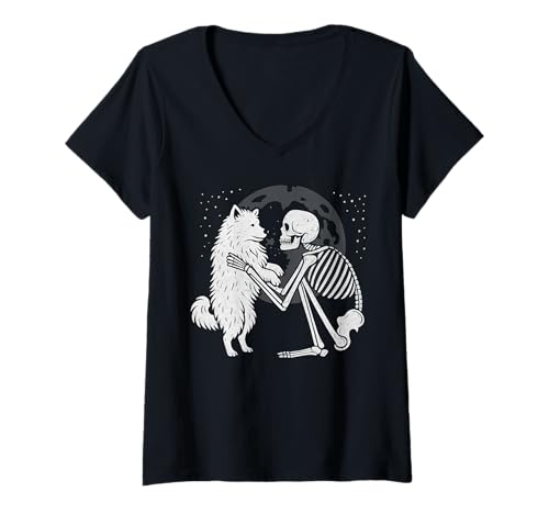 Damen Samoyed Skelett Mond Halloween Hundeliebhaber T-Shirt mit V-Ausschnitt Damen Samoyed Skelett Mond Halloween Hundeliebhaber T-Shirt mit V-Ausschnitt von Funny Samoyed Gothic Dog Designs