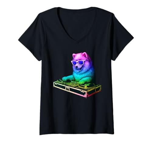 Damen Samoyed DJ Music Party Hundeliebhaber T-Shirt mit V-Ausschnitt Damen Samoyed DJ Music Party Hundeliebhaber T-Shirt mit V-Ausschnitt von Funny Samoyed House Music Dog Designs